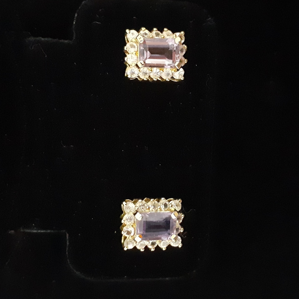 Gold Tone Earrings with Faux Diamonds and Amethyst Stones